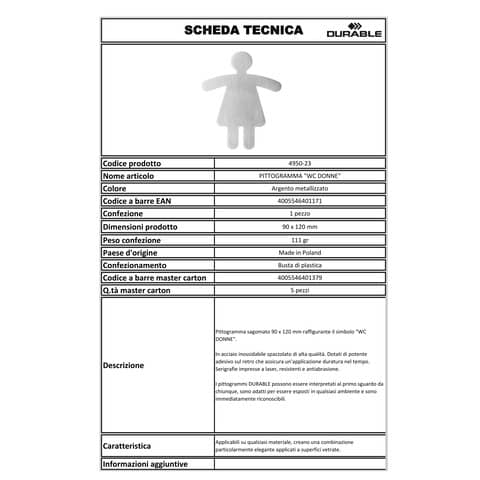 Pittogramma adesivo DURABLE 90 x 120 mm acciaio inossidabile spazzolato argento metallizzato WC donne - 495023